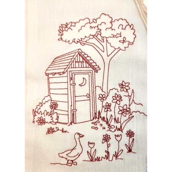 Duck Farm Country Outhouse Kitchen Cotton Tea Towels With Red Embroidery Design - Picture 8 of 9